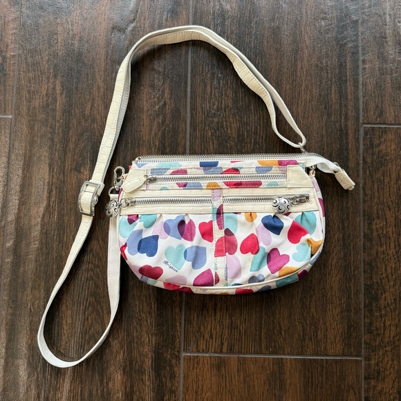 Brighton~ White Patent Leather Satin Multicolor Heart Print~Crossbody Bag